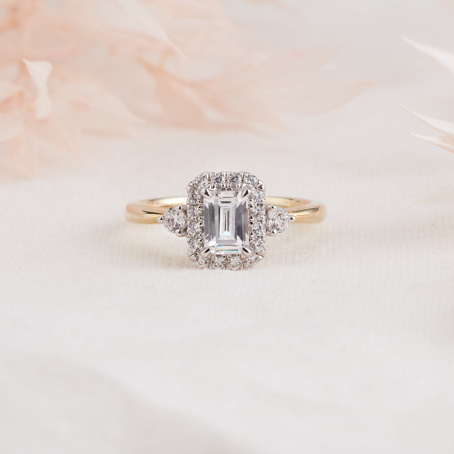 18K Yellow and White Gold Emerald Cut Moissanite Halo Engagement Ring