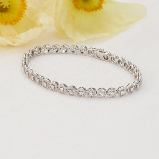 18K White Gold Diamond Halo Tennis Bracelet 3.0tdw