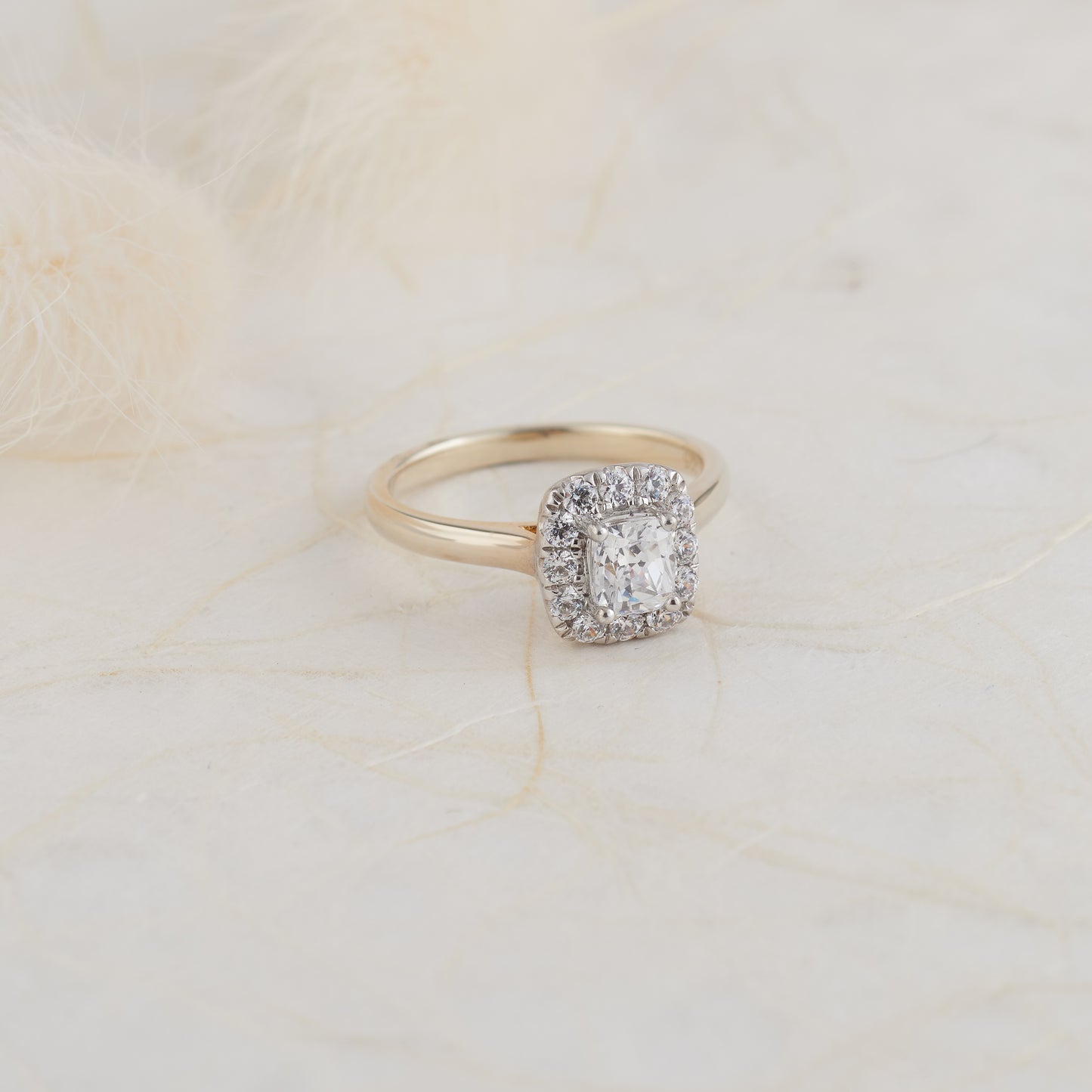 Bridal - 18K Yellow and White Gold Cushion Diamond Halo Engagement Ring 1.1tdw