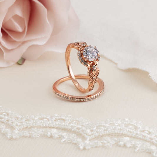 Bridal - 18K Rose Gold Round Brilliant Diamond Semi Halo Bridal Set 1.2tdw