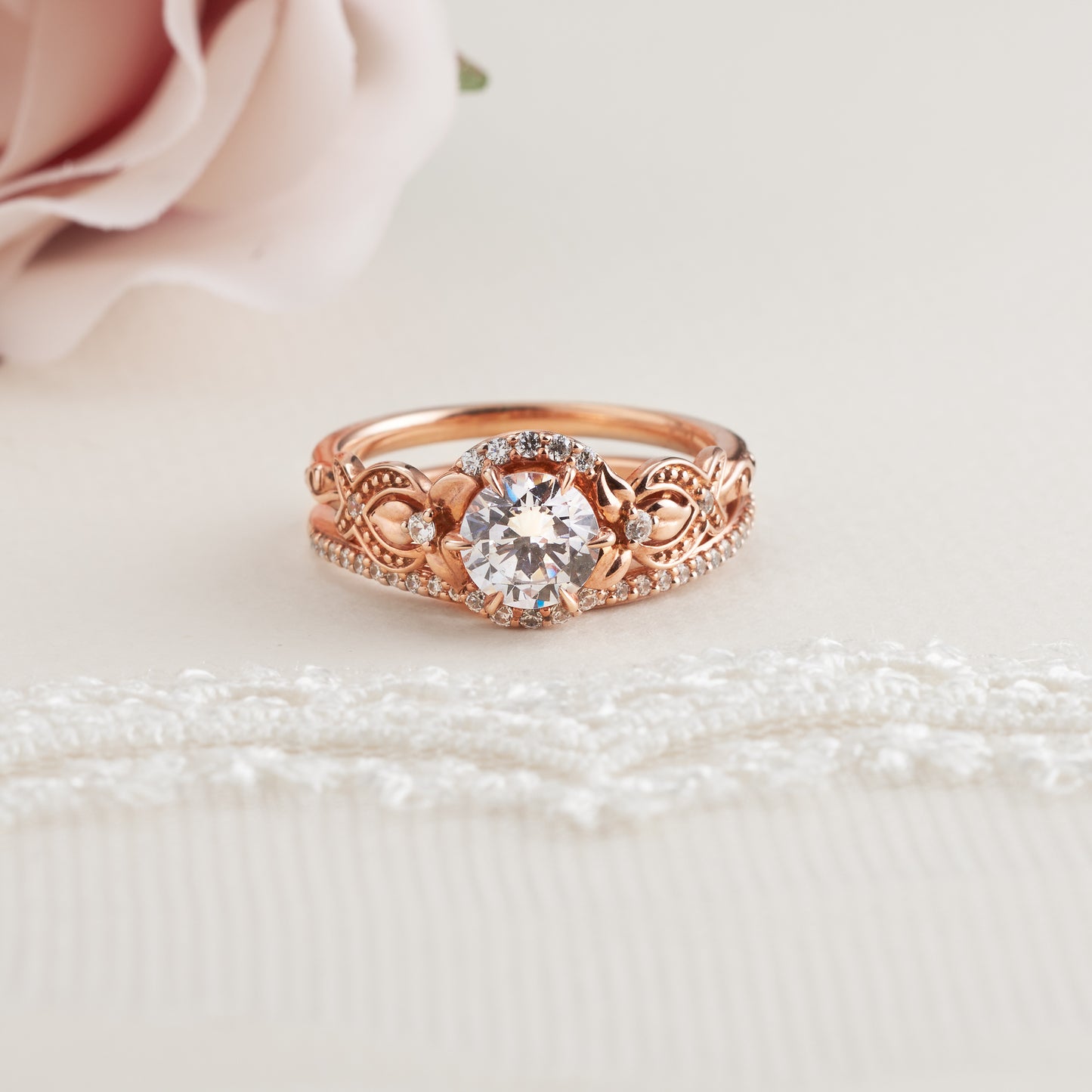18K Rose Gold Round Brilliant Diamond Semi Halo Bridal Set 1.2tdw