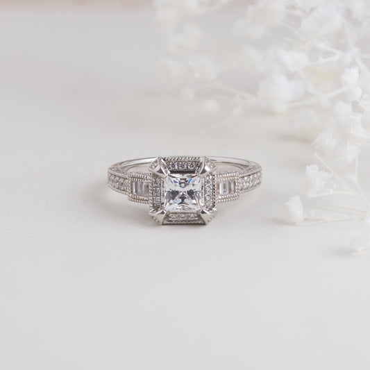 18K White Gold Princess Cut Diamond Art Deco Inspired Engagement Ring 1.35tdw