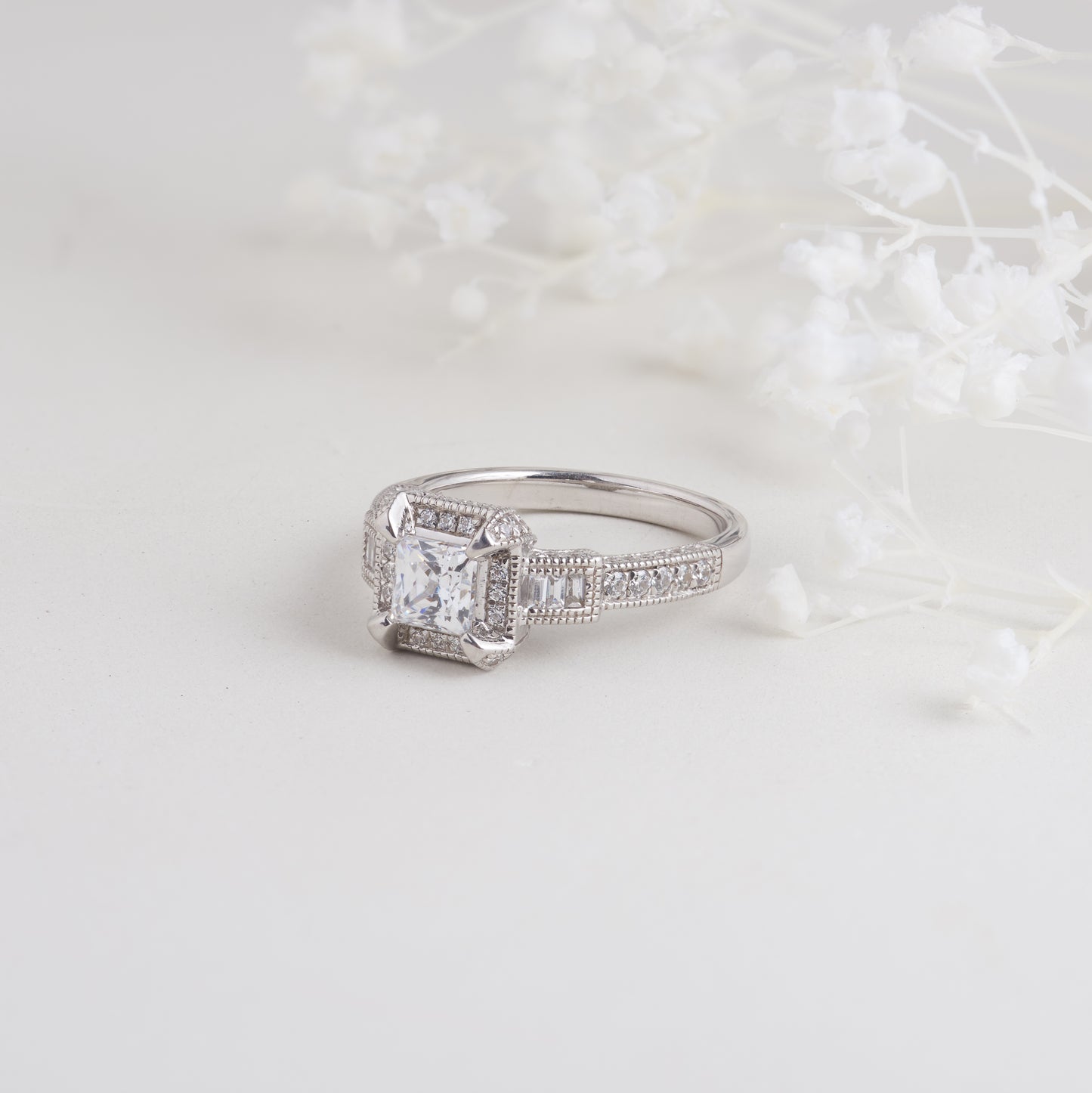 18K White Gold Princess Cut Moissanite Art Deco Inspired Engagement Ring