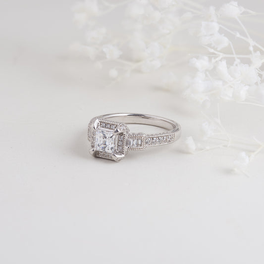 18K White Gold Princess Cut SC Lab Diamond Art Deco Inspired Engagement Ring 1.35tdw