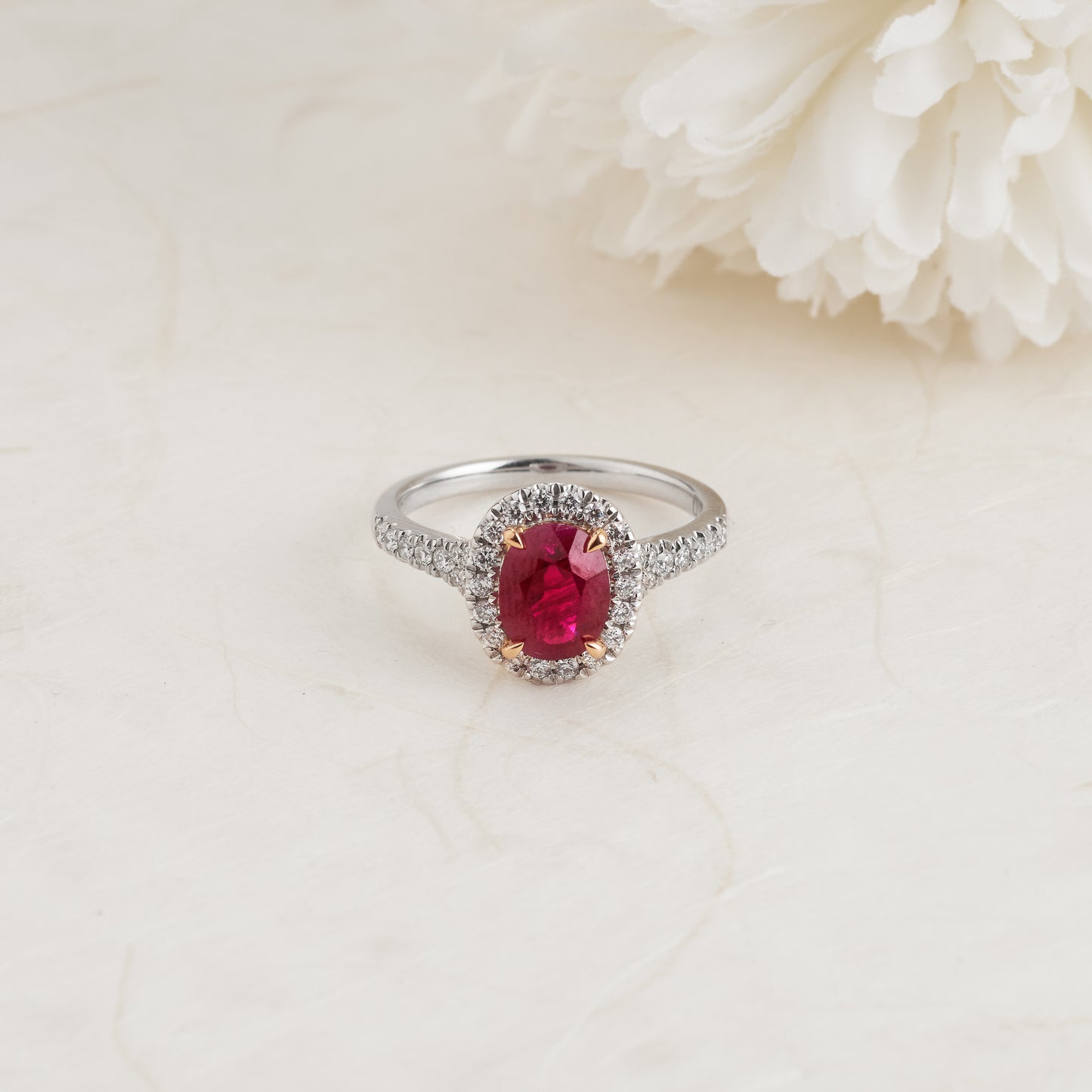 18K White and Rose Gold Oval Natural Ruby and Diamond Halo Ring 0.33tdw