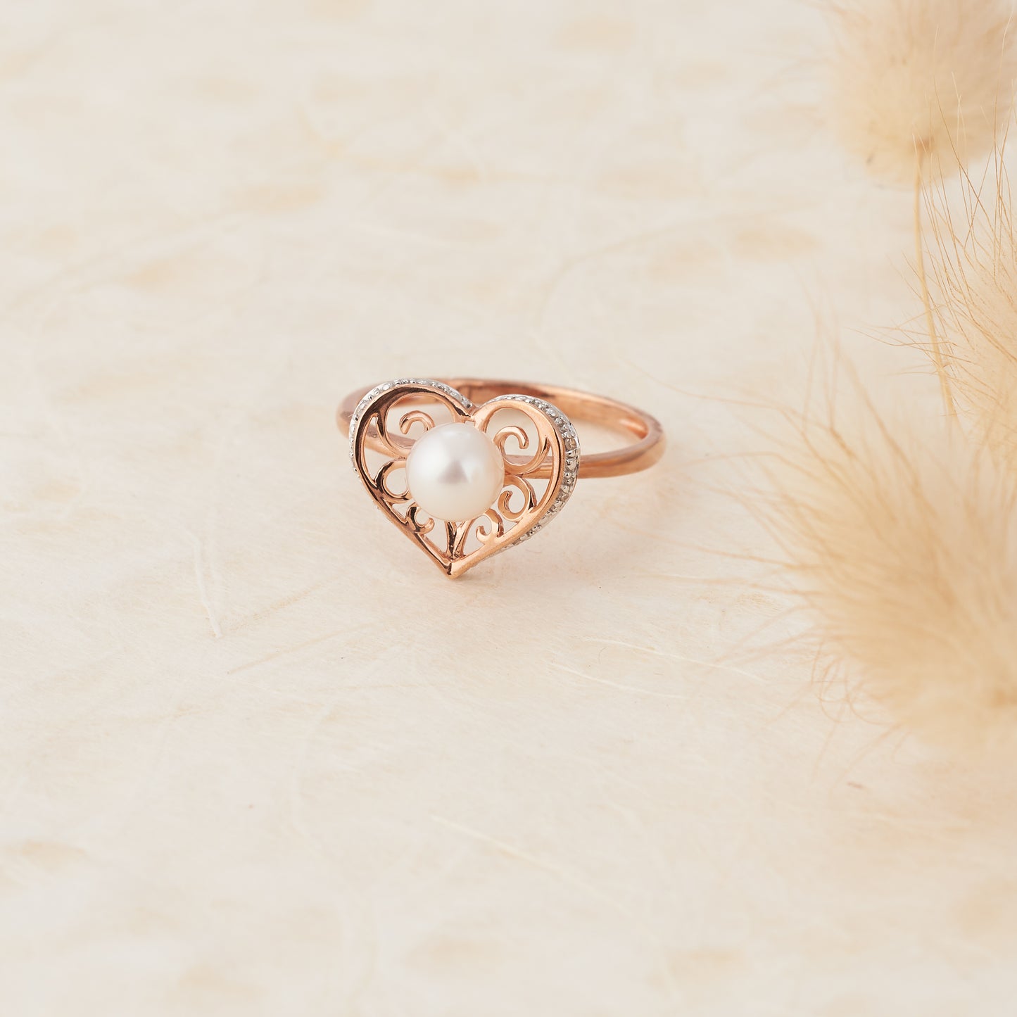 9K Rose Gold Freshwater Pearl and Diamond Filigree Heart Ring