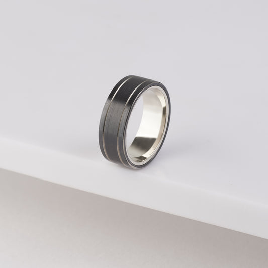 Black Zirconium Dual Line and White Gold Inner Sleeve Ring