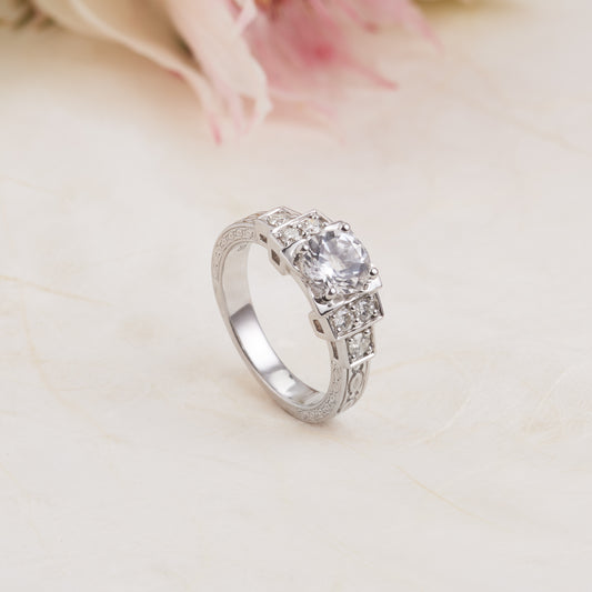 18K White Gold Round Brilliant White Topaz and Diamond Vintage Inspired Engagement Ring 0.26tdw