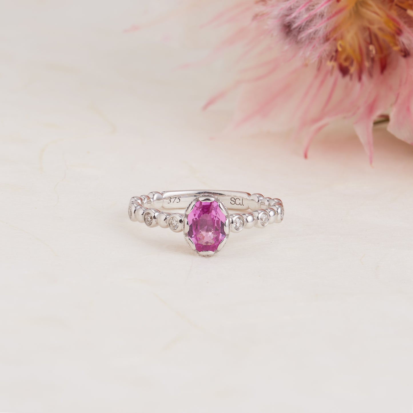 9K White Gold Oval Pink Sapphire and Diamond Vintage Inspired Ring 0.17tdw