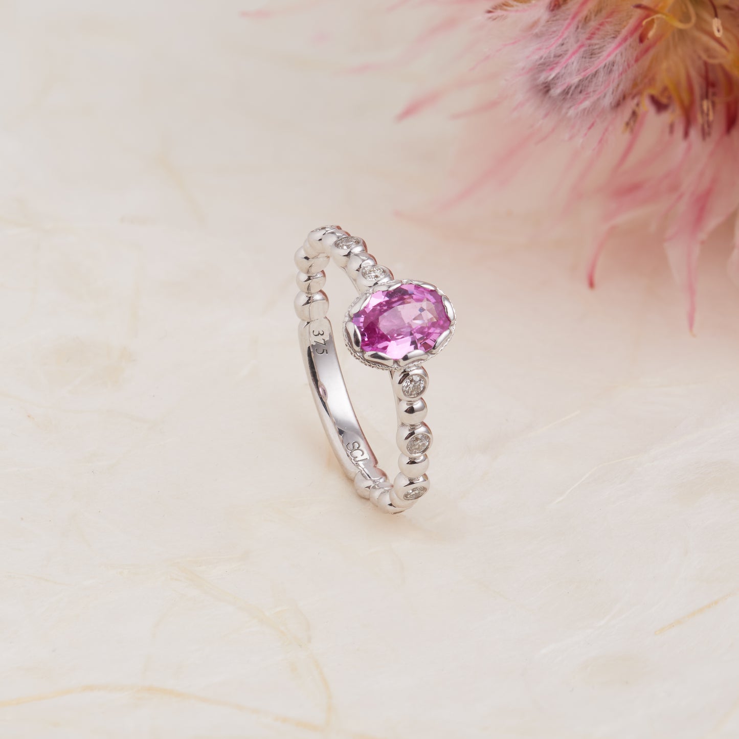 9K White Gold Oval Pink Sapphire and Diamond Vintage Inspired Ring 0.17tdw