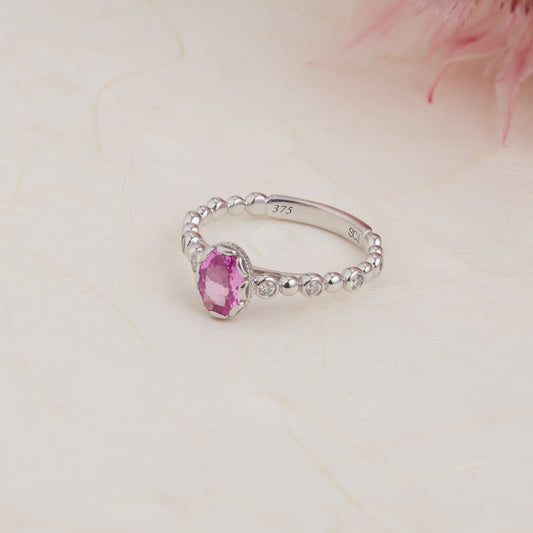 9K White Gold Oval Pink Sapphire and Diamond Vintage Inspired Ring 0.17tdw