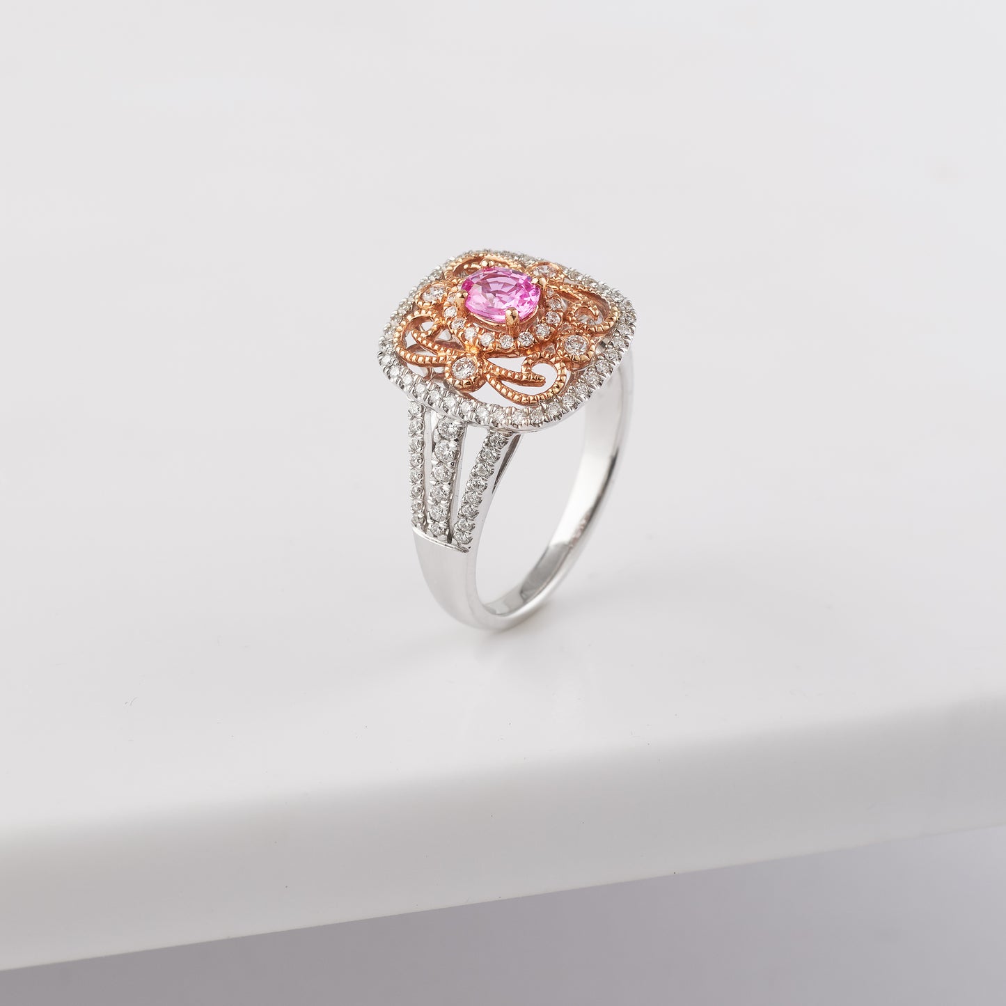 18K White and Rose Gold Oval Pink Sapphire Diamond Vintage Inspired Dress Ring 0.5tdw