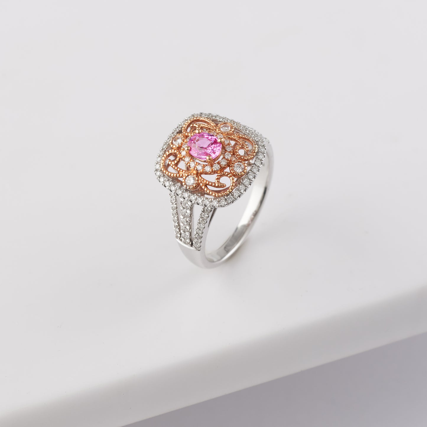 18K White and Rose Gold Oval Pink Sapphire Diamond Vintage Inspired Dress Ring 0.5tdw