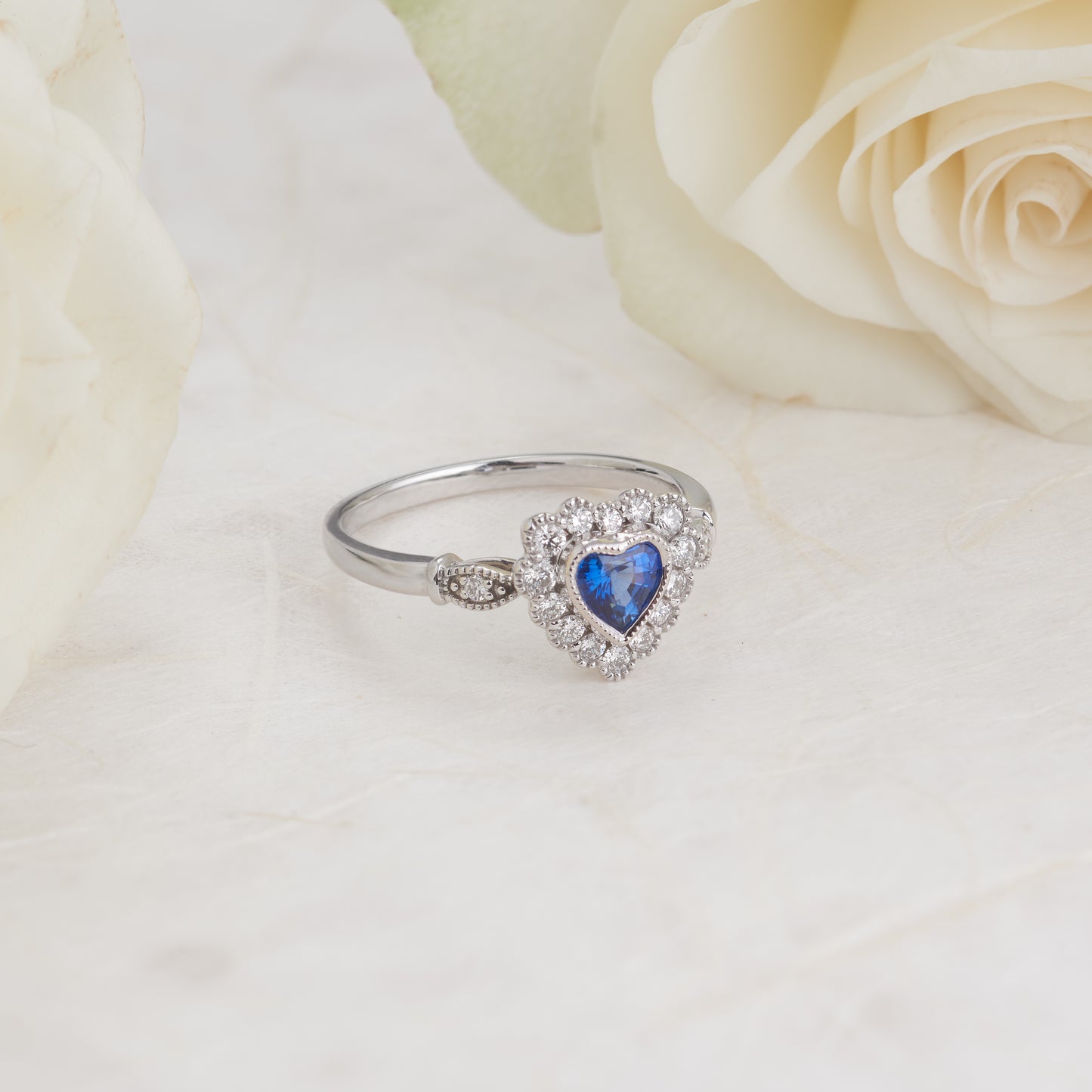 9K White Gold Heart Ceylon Blue Sapphire Diamond Vintage Inspired Halo Ring 0.25tdw