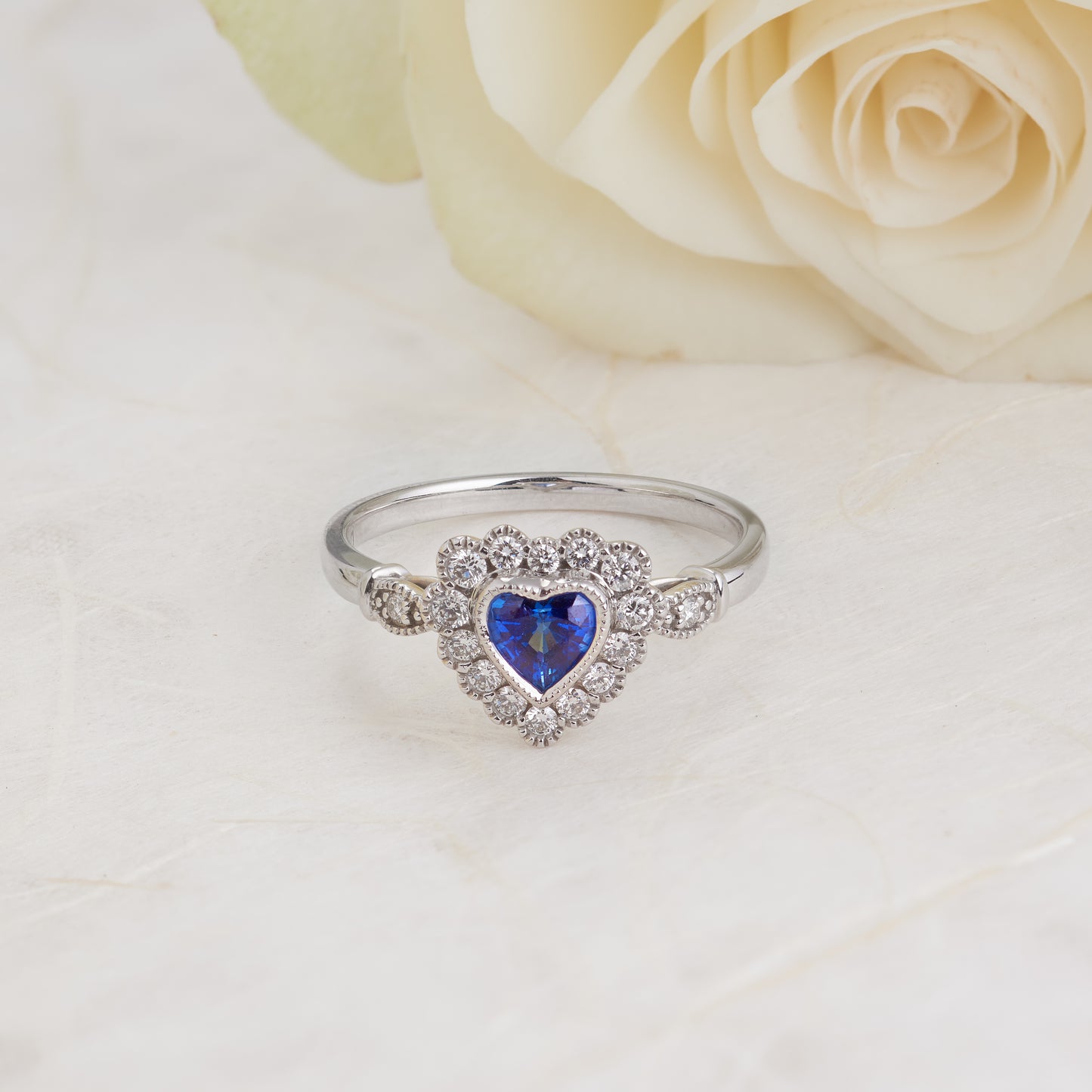 9K White Gold Heart Ceylon Blue Sapphire Diamond Vintage Inspired Halo Ring 0.25tdw