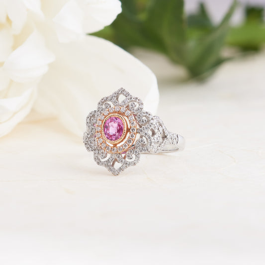 18K Rose and White Gold Oval Pink Sapphire Diamond Filigree Halo Ring 0.5tdw