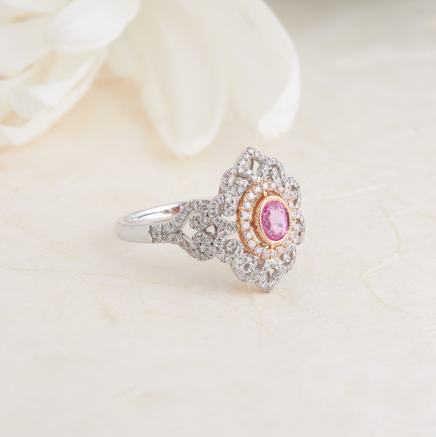 18K Rose and White Gold Oval Pink Sapphire Diamond Filigree Halo Ring 0.5tdw