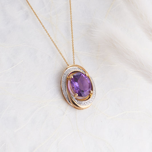 9K Yellow Gold Oval Amethyst and Diamond Whirlpool Necklace