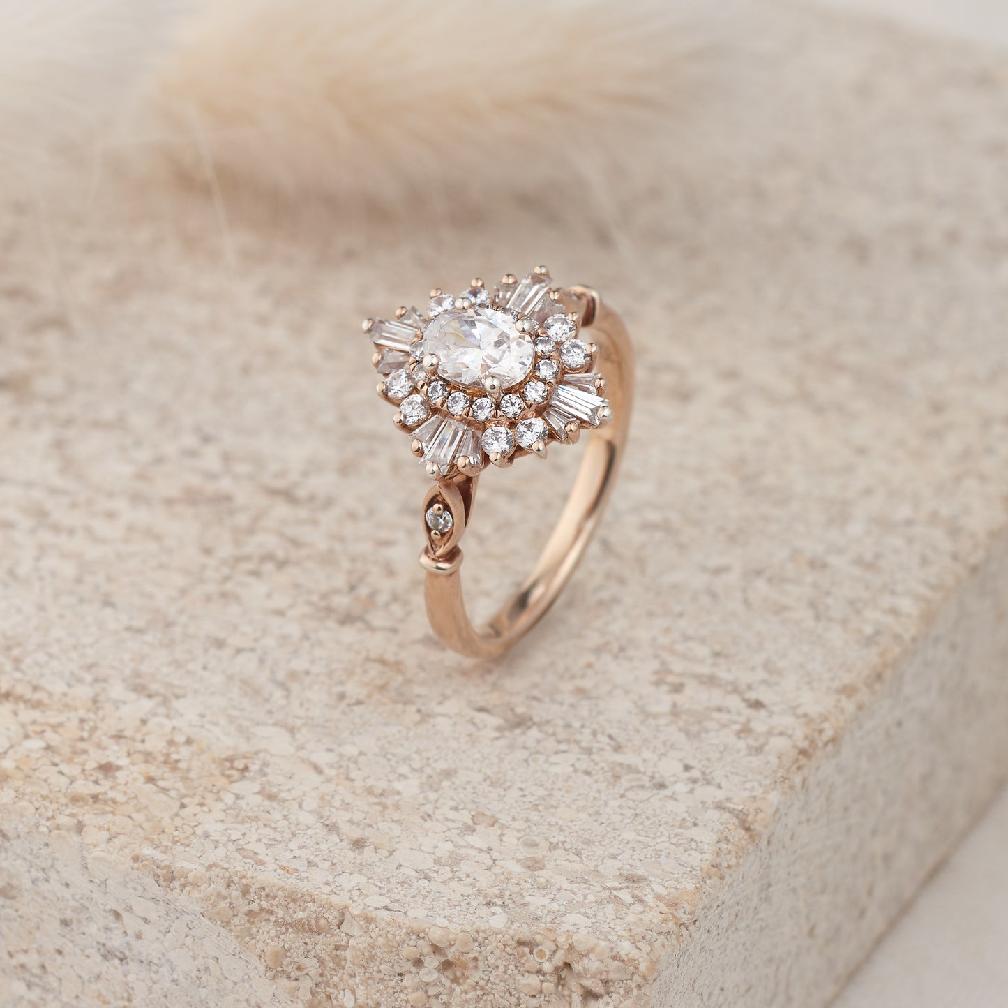 18K Rose Gold Oval Moissanite Baguette Starburst Engagement Ring