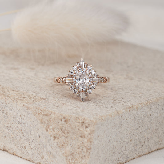 Bridal - Platinum 0.5ct Oval Diamond Baguette Starburst Engagement Ring 1.0tdw