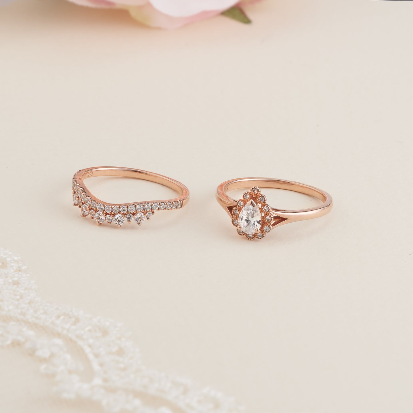 18K Rose Gold Pear Moissanite Halo Tiara Bridal Set