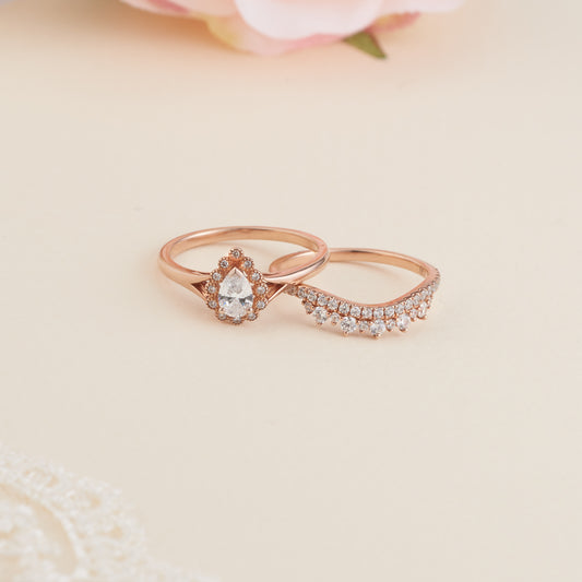 18K Rose Gold Pear Moissanite Halo Tiara Bridal Set