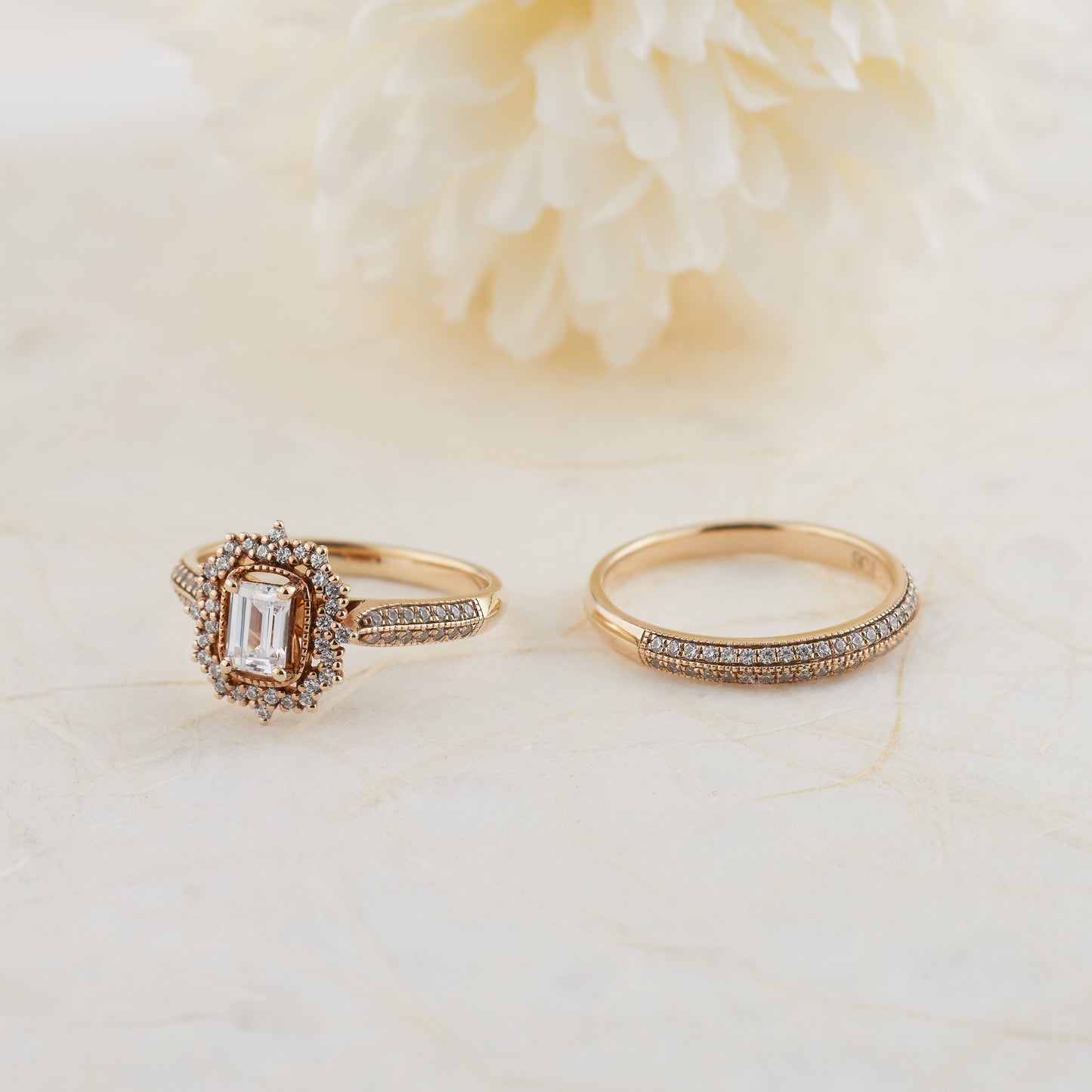 18K Yellow Gold Emerald Cut Diamond Vintage Halo Bridal Set 1.0tdw