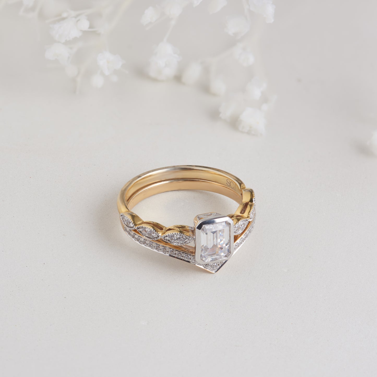18K Yellow Gold Emerald Cut SC Lab Diamond Solitaire Bridal Set 1.2tdw
