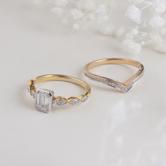 18K Yellow Gold Emerald Cut Moissanite Solitaire Bridal Set