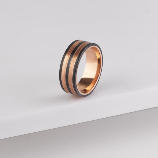 Black Zirconium and 9K Rose Gold Dual Line Bevelled Edge Ring 8mm