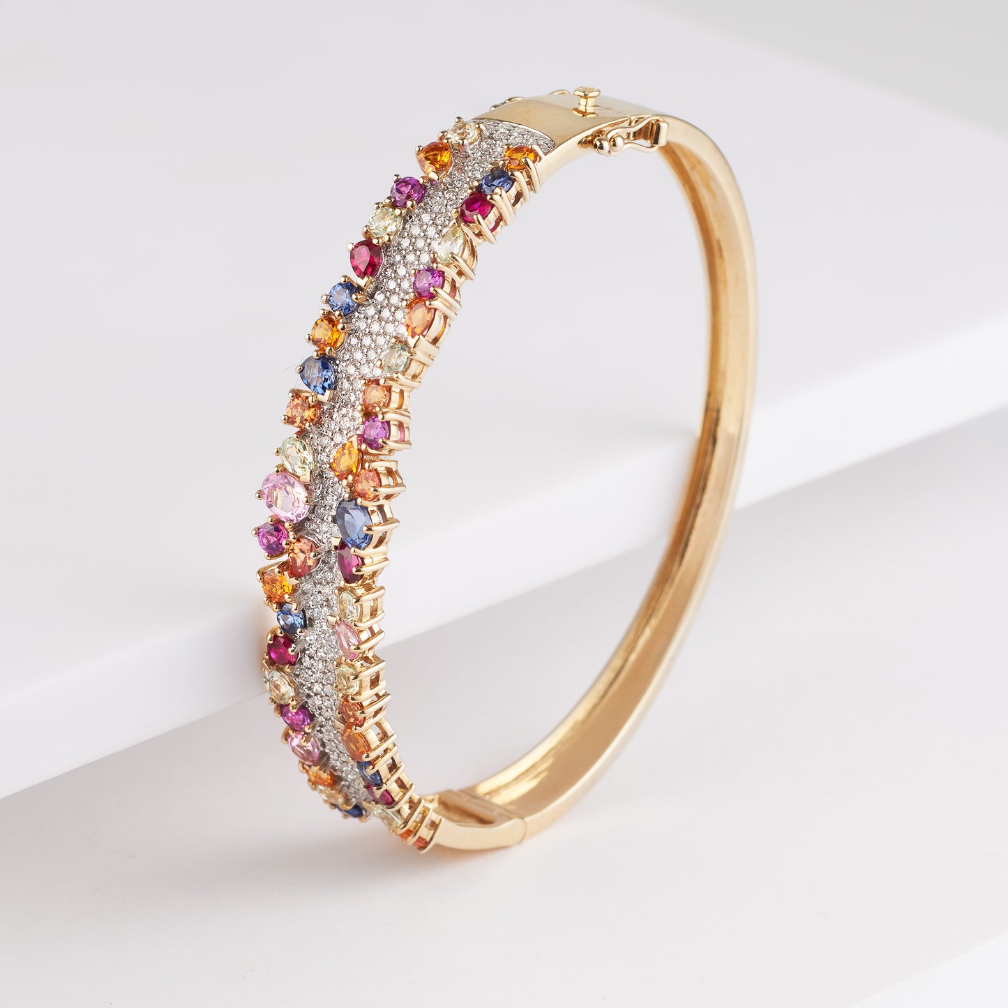 9K Yellow Gold Diamond and Created Sapphire Oval Bangle 1.58tdw