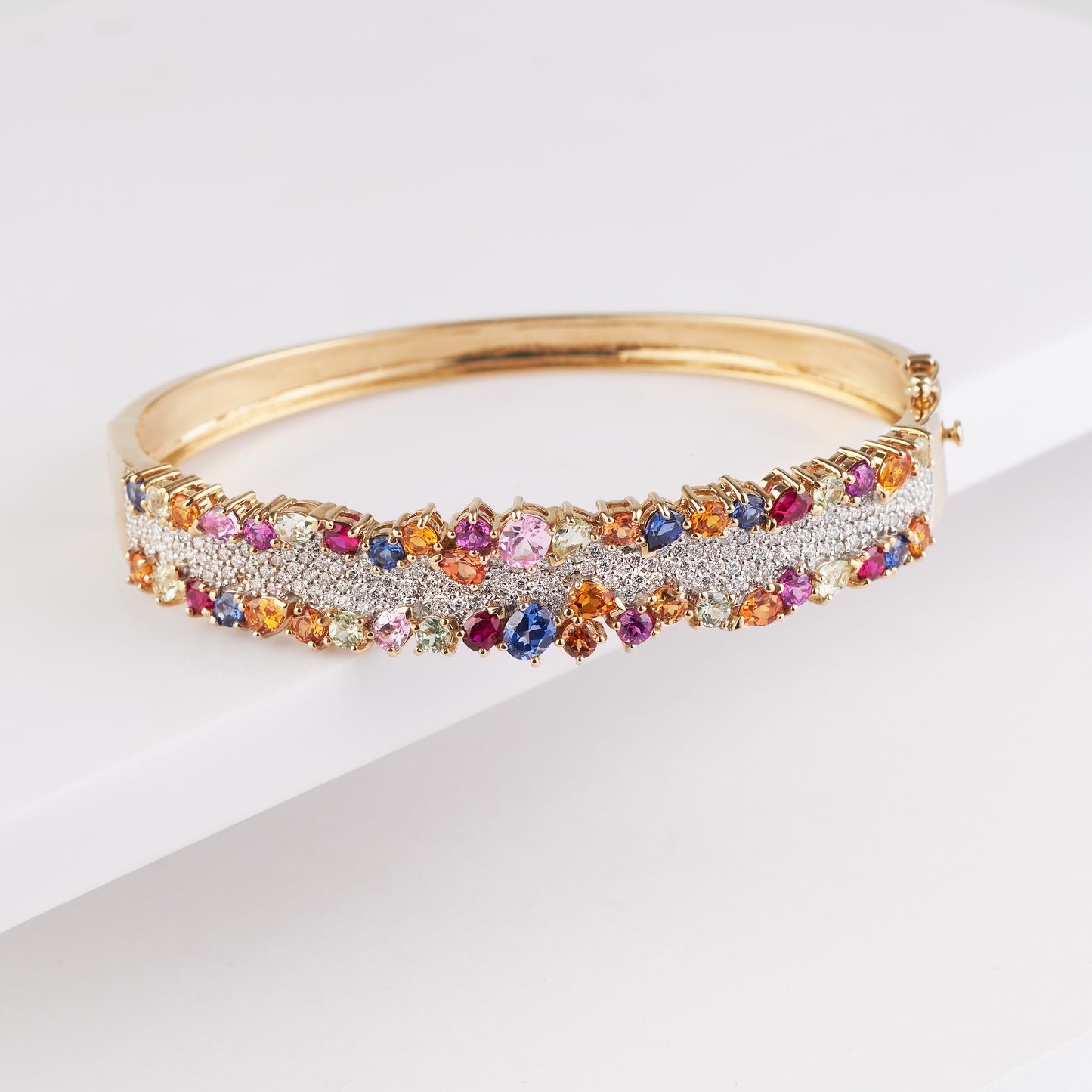 9K Yellow Gold Diamond and Created Sapphire Oval Bangle 1.58tdw