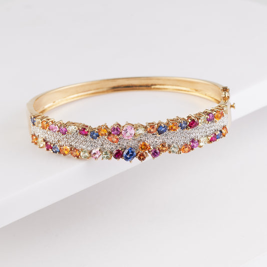 9K Yellow Gold Diamond and Created Sapphire Oval Bangle 1.58tdw