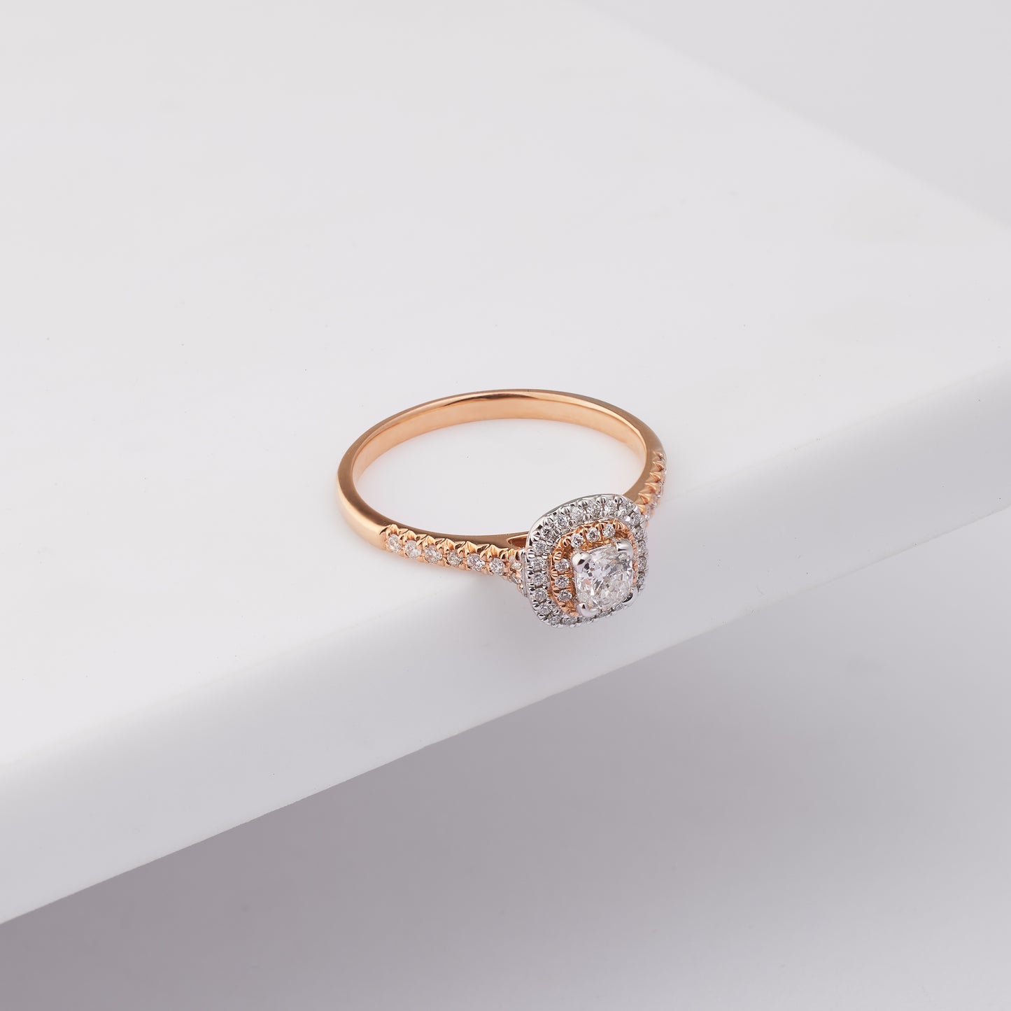 18K Rose and White Gold Cushion Diamond Halo Engagement Ring 0.49tdw