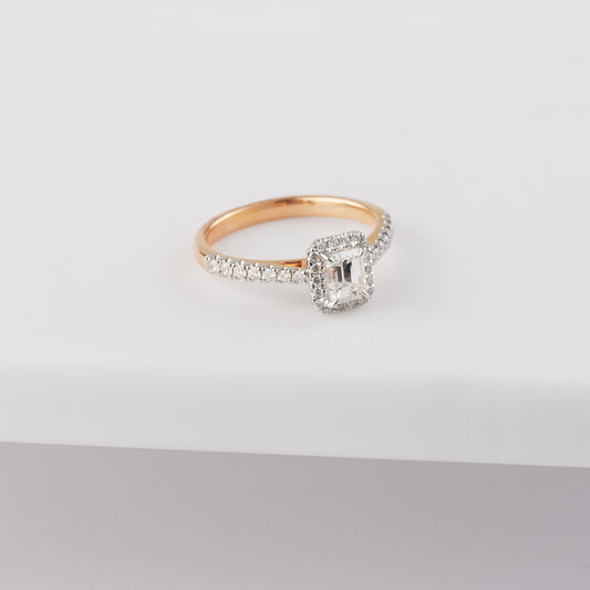 18K Rose and White Gold Emerald Diamond Halo Engagement Ring 1tdw