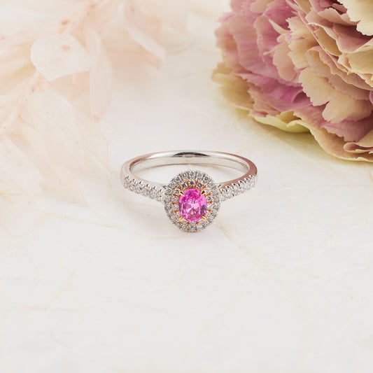 18K White and Rose Gold Oval Pink Sapphire Diamond Halo Ring