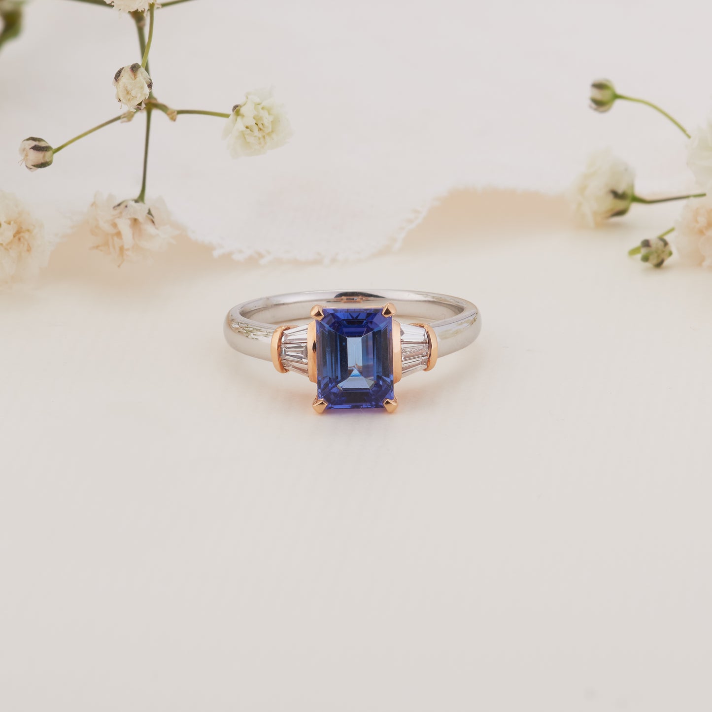 18K White and Rose Gold Emerald Cut Tanzanite and Baguette Diamond Ring 0.2tdw