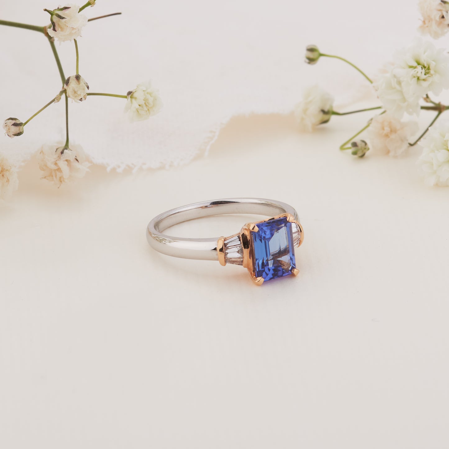 18K White and Rose Gold Emerald Cut Tanzanite and Baguette Diamond Ring 0.2tdw