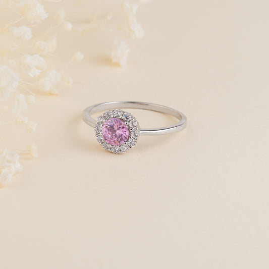 Sterling Silver Rose-Pink and White Zirconia Halo Ring