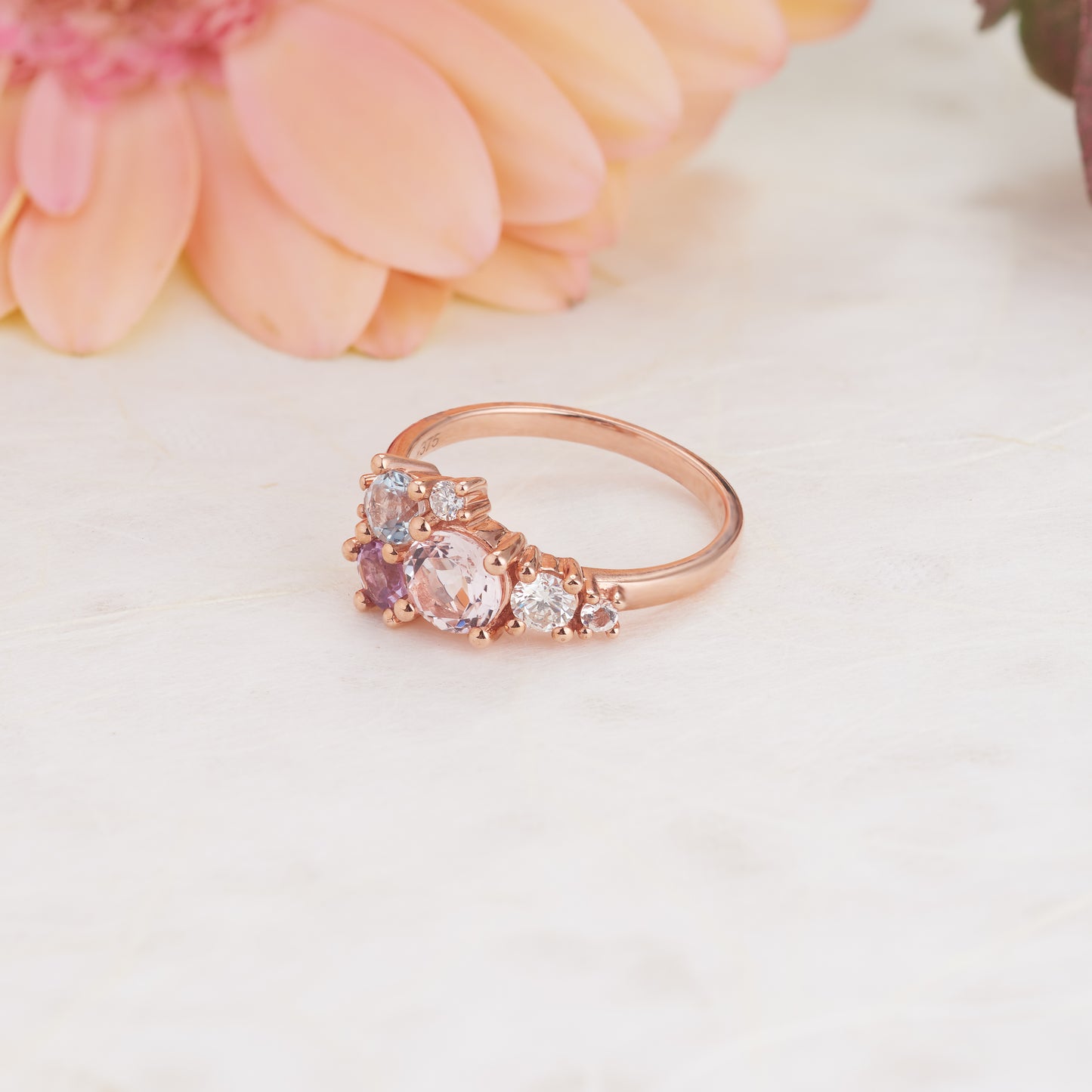 9ct Rose Gold Diamond, Morganite, Aquamarine and Rose Amethyst Ring