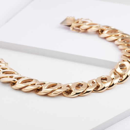 9K Yellow Gold Solid Fancy Double Curb Bracelet with Box Clasp 21cm x 15mm