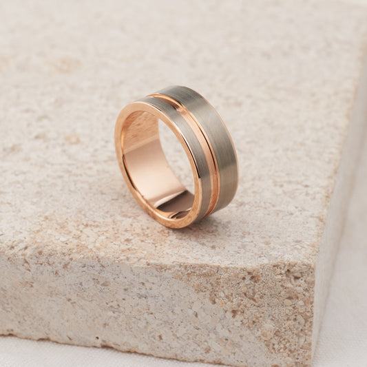 9K Rose Gold and Raw Zirconium Offset Groove Flat Ring 9mm