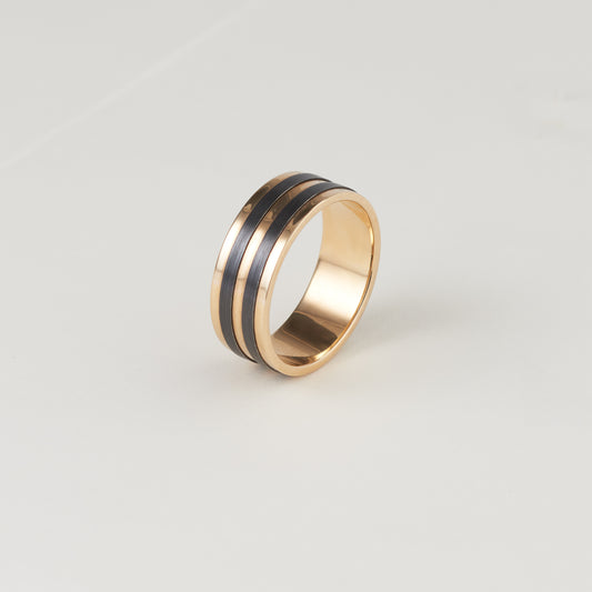 9K Yellow Gold and Black Zirconium 2 Line Ring