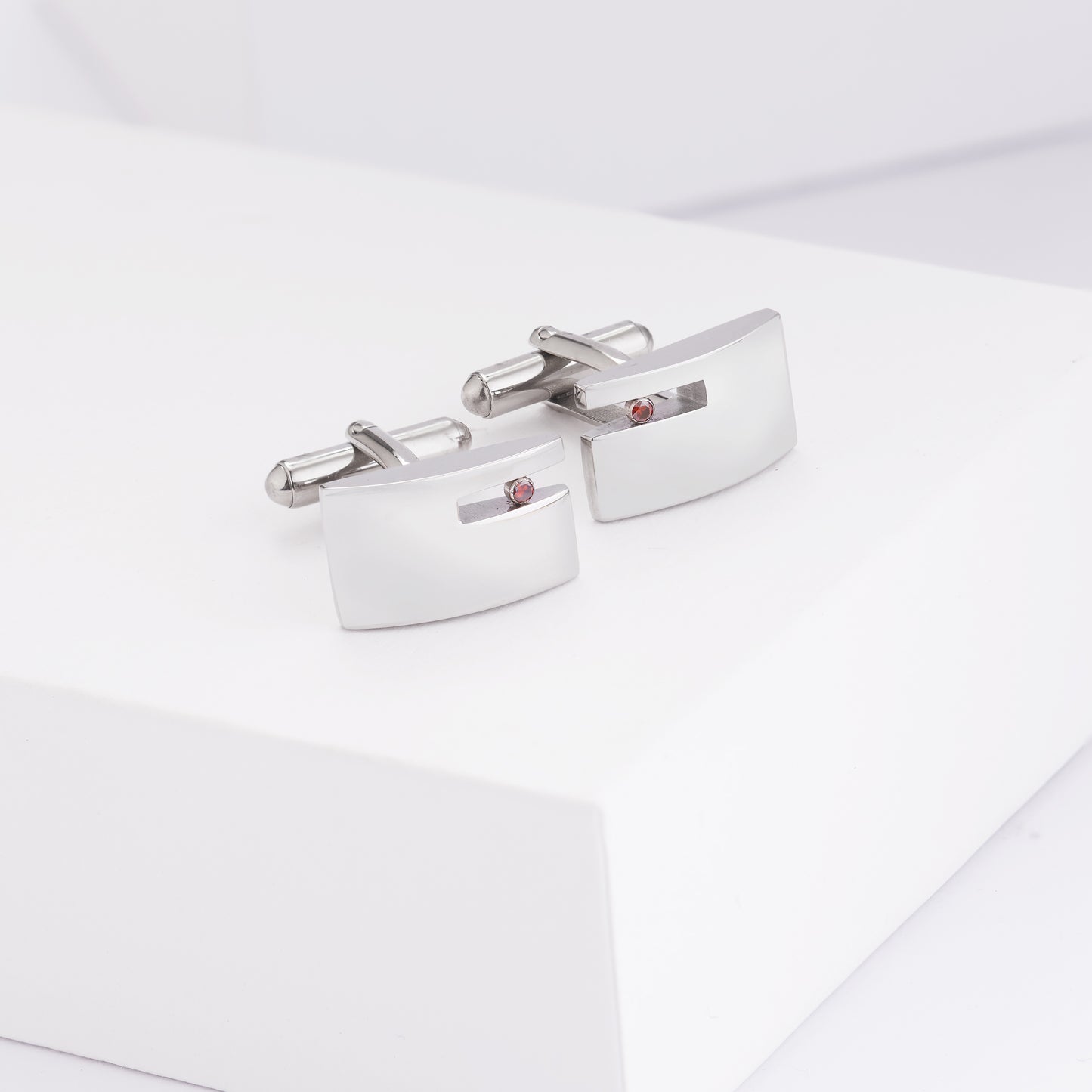 Stainless Steel Cuff Links with Floating Red Diamond