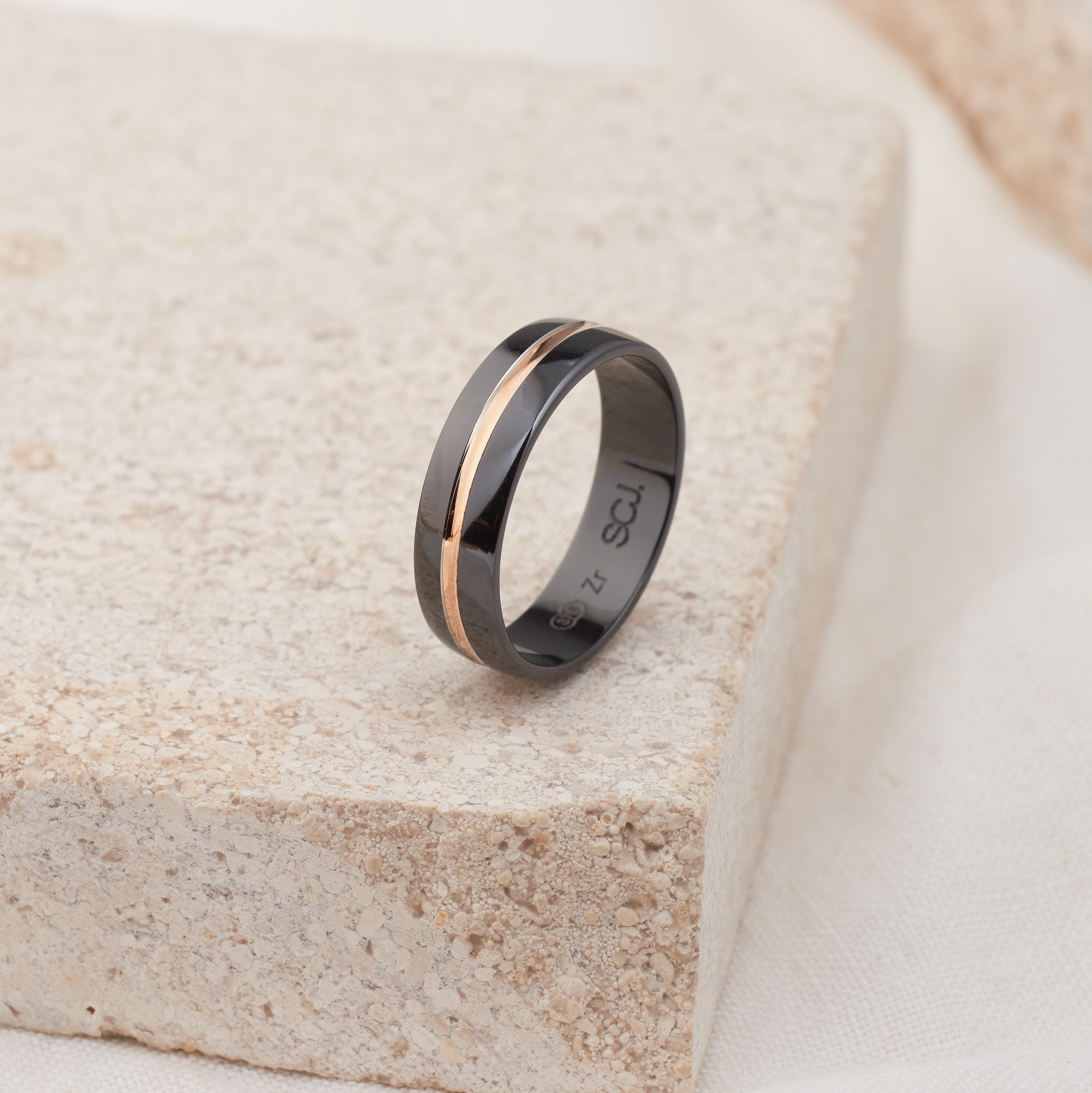 Mirror-like glossy steel wedding ring in silver colour, black stripe, line  of zircons | Jewelry Eshop