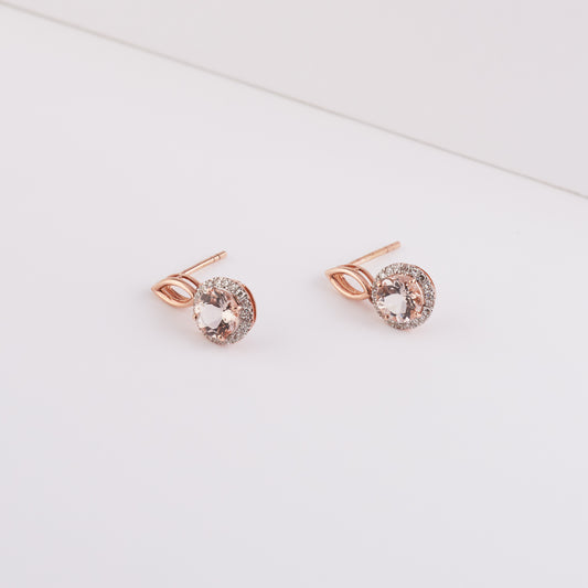 9K Rose Gold Morganite Diamond Halo Drop Stud Earrings