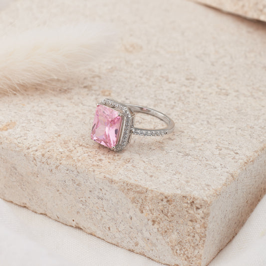 Sterling Silver Pink Zirconia Radiant Halo Cocktail Ring