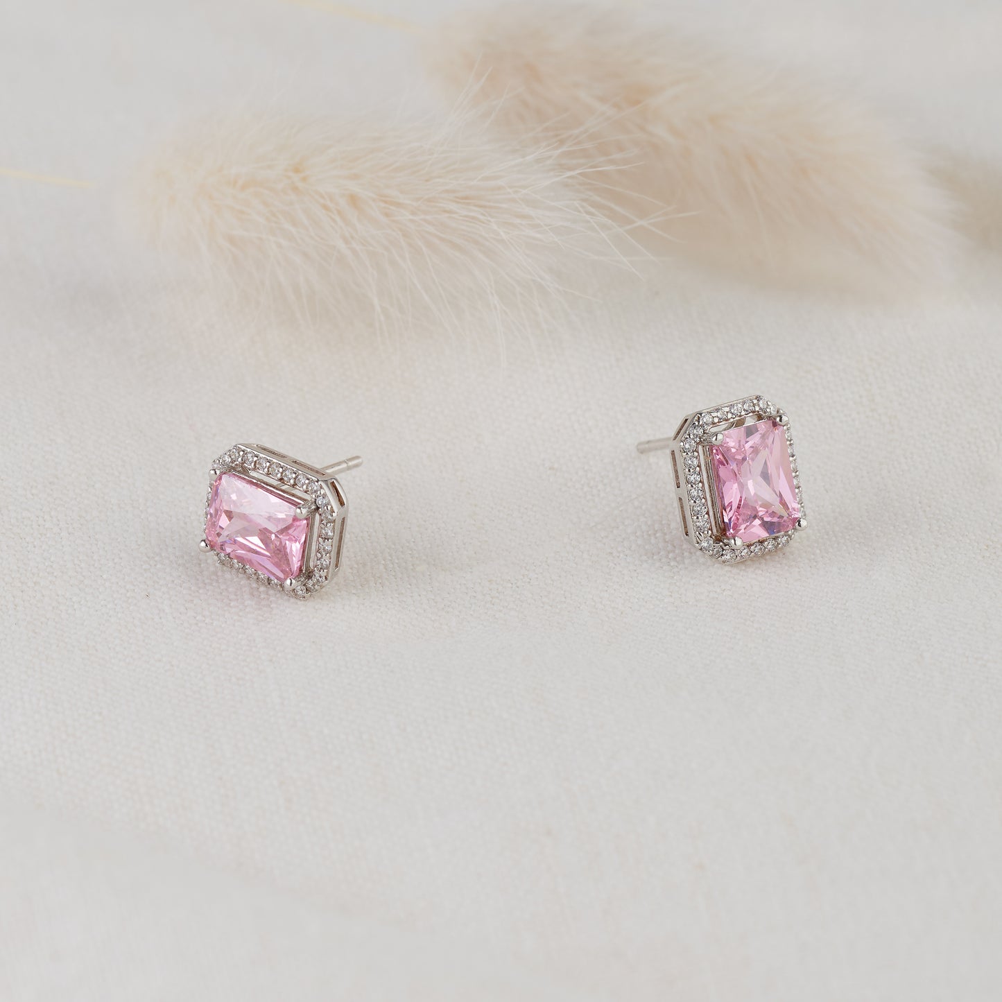 Sterling Silver Emerald Pink Zirconia Halo Stud Earrings