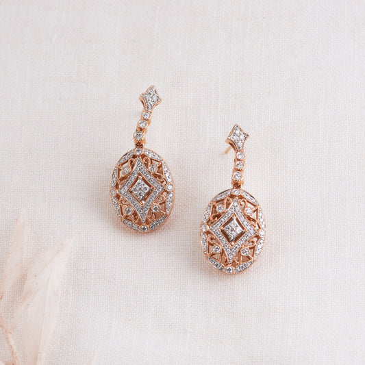 18K Rose Gold Diamond Filigree Vintage Inspired Earrings 0.7tdw
