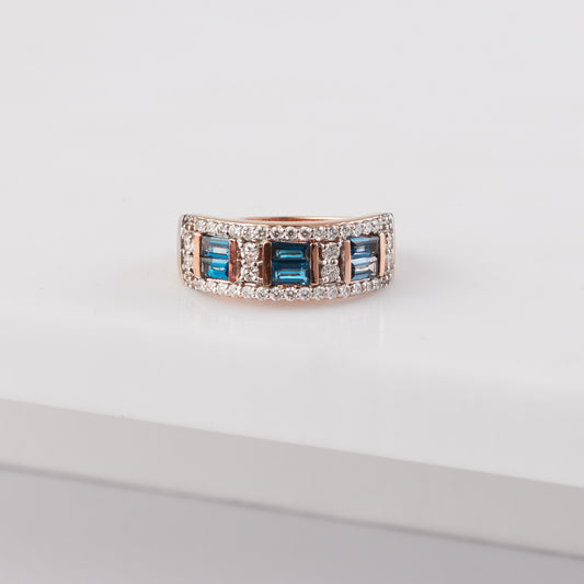 9K Rose Gold Baguette London Blue Topaz Diamond Dress Ring 0.5tdw